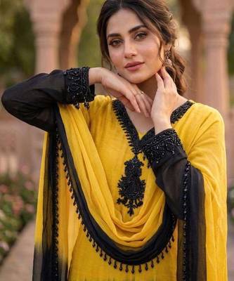 Women's yellow crepe embroidered straight kurta set with dupatta and pant 3