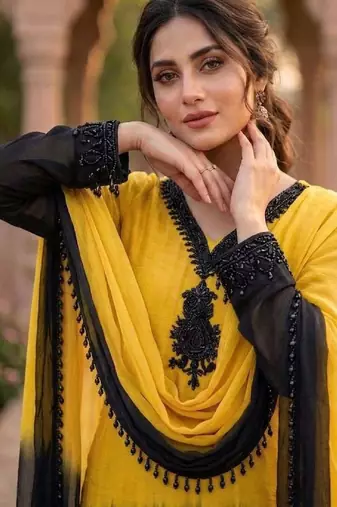 Women's yellow crepe embroidered straight kurta set with dupatta and pant