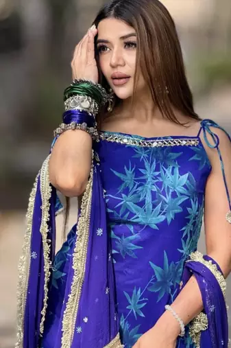 Women's blue georgette printed straight kurta set with dupatta and sharara