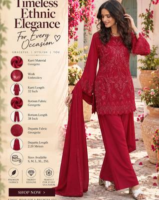 Women's red georgette embroidered straight kurti set with dupatta and pant 2