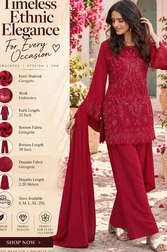 Women's red georgette embroidered straight kurti set with dupatta and pant