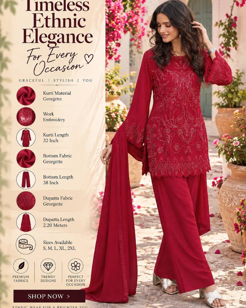 Women's red georgette embroidered straight kurti set with dupatta and pant