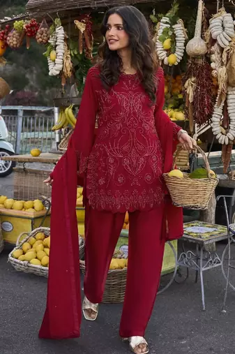 Women's red georgette embroidered straight kurti set with dupatta and pant