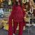 Women's red georgette embroidered straight kurti set with dupatta and pant