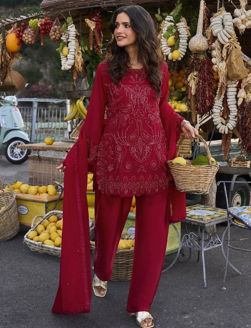 Women's red georgette embroidered straight kurti set with dupatta and pant