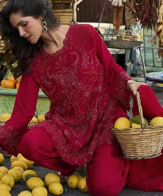 Women's red georgette embroidered straight kurti set with dupatta and pant 4