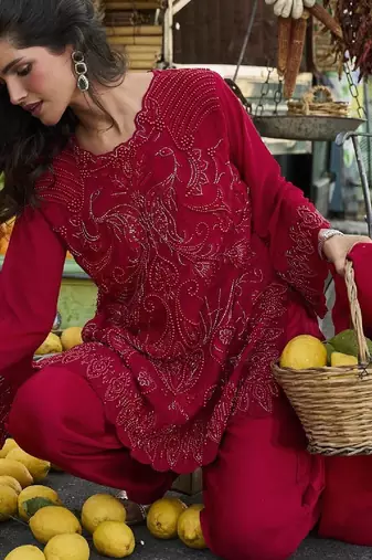Women's red georgette embroidered straight kurti set with dupatta and pant