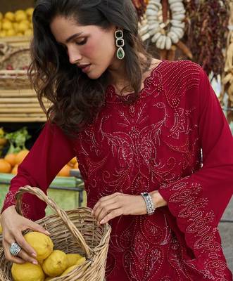 Women's red georgette embroidered straight kurti set with dupatta and pant 5
