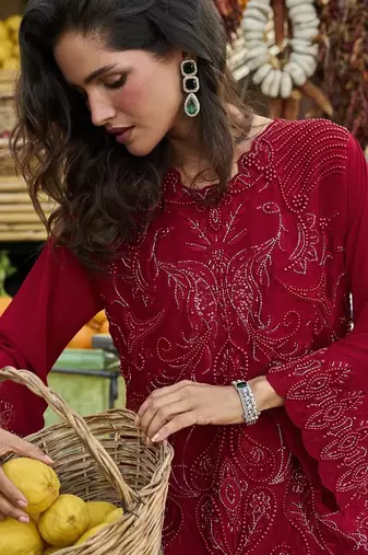 Women's red georgette embroidered straight kurti set with dupatta and pant