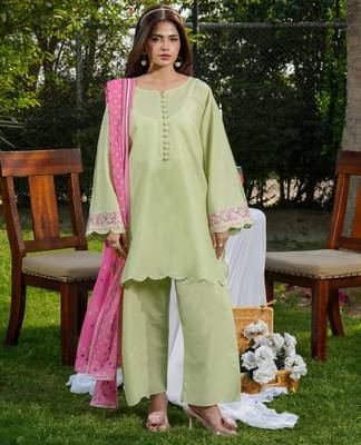 Women's light green silk blend straight kurta set with dupatta and pant 1
