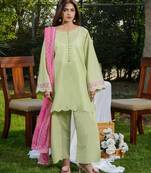 Women's light green silk blend straight kurta set with dupatta and pant