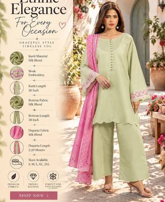 Women's light green silk blend straight kurta set with dupatta and pant 2