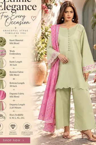 Women's light green silk blend straight kurta set with dupatta and pant