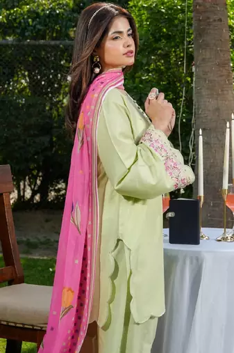 Women's light green silk blend straight kurta set with dupatta and pant