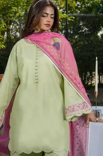 Women's light green silk blend straight kurta set with dupatta and pant