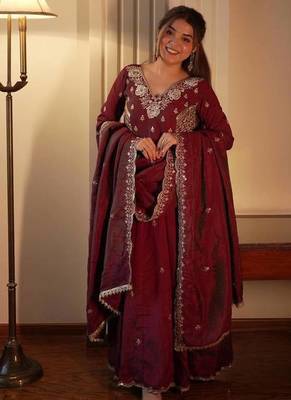 Designer vichitra embroidered gown set 1