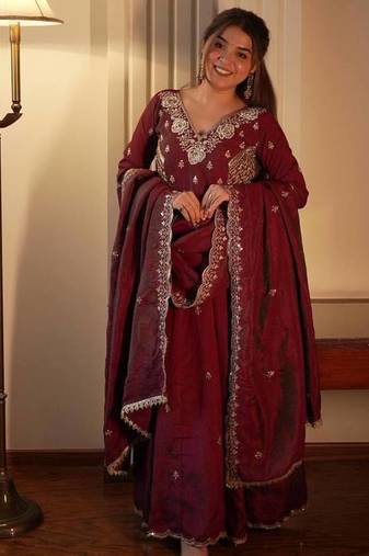 Designer vichitra embroidered gown set