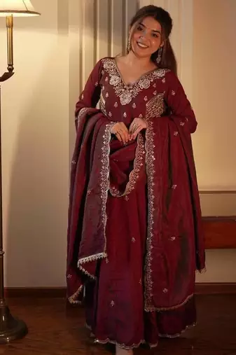 Designer vichitra embroidered gown set
