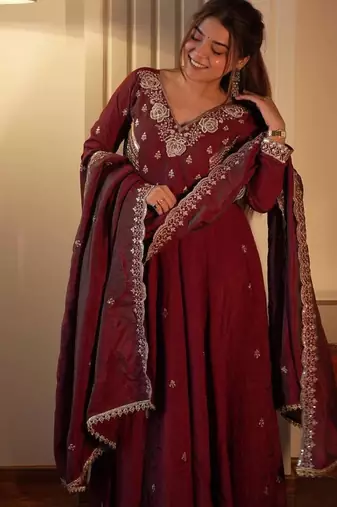 Designer vichitra embroidered gown set