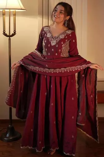 Designer vichitra embroidered gown set