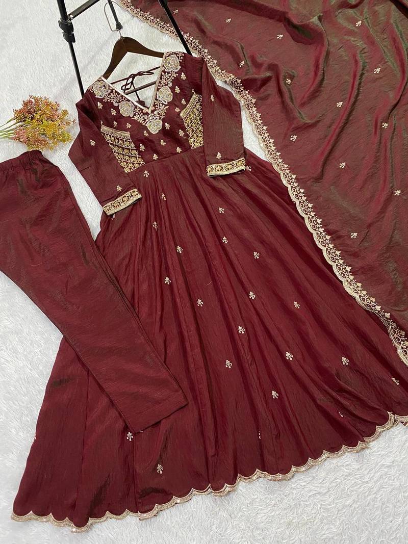 Designer vichitra embroidered gown set