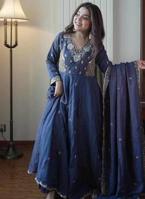 Designer vichitra embroidered gown set 1