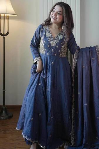 Designer vichitra embroidered gown set