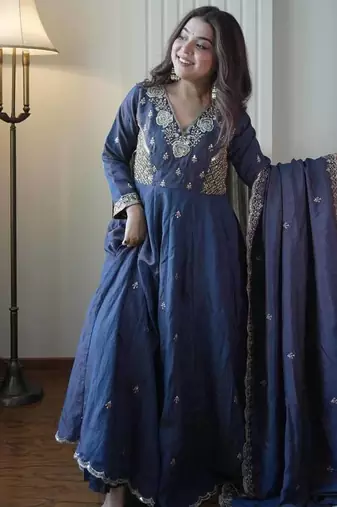 Designer vichitra embroidered gown set