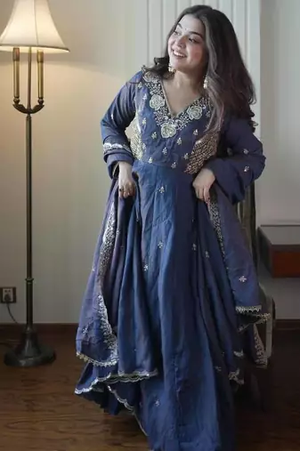 Designer vichitra embroidered gown set