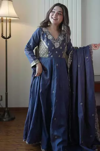 Designer vichitra embroidered gown set