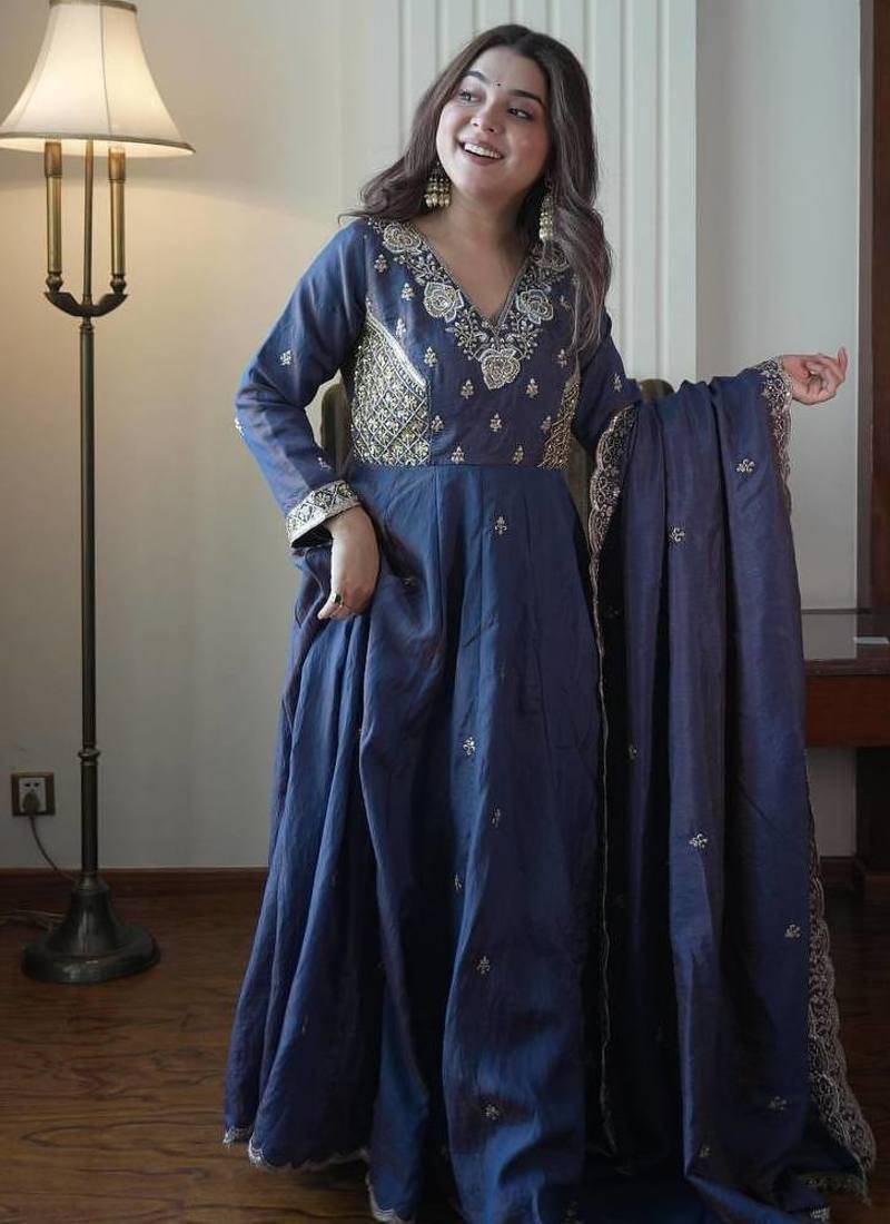 Designer vichitra embroidered gown set