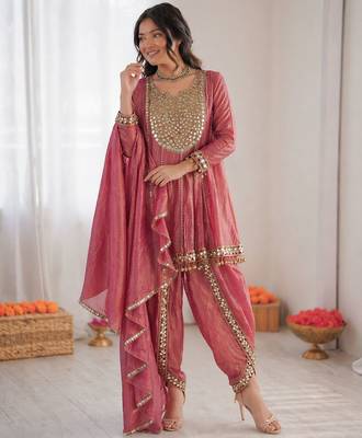 Designer onion pink crush mirror work top & dhoti set 1
