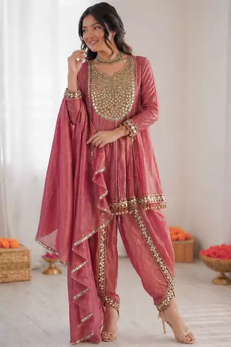 Designer onion pink crush mirror work top & dhoti set