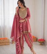 Designer onion pink crush mirror work top & dhoti set