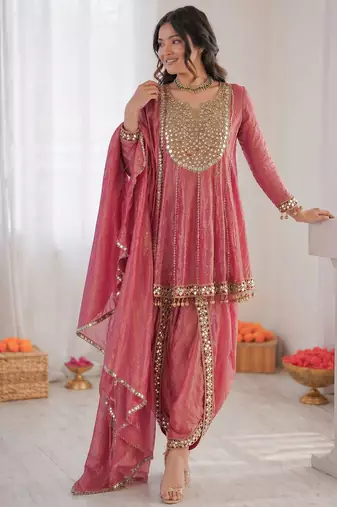 Designer onion pink crush mirror work top & dhoti set