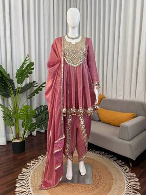 Designer onion pink crush mirror work top & dhoti set 3