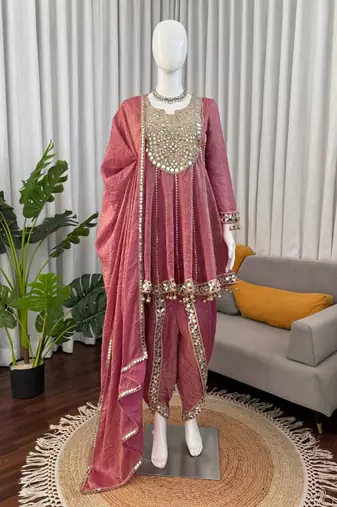Designer onion pink crush mirror work top & dhoti set
