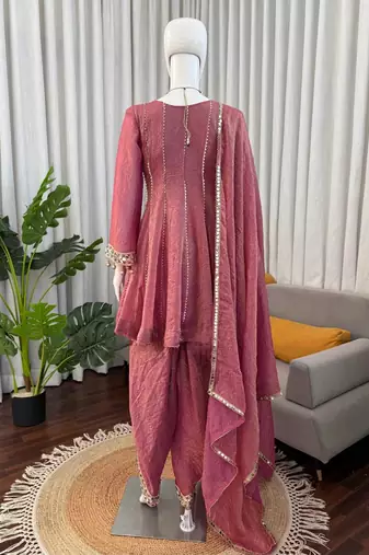 Designer onion pink crush mirror work top & dhoti set