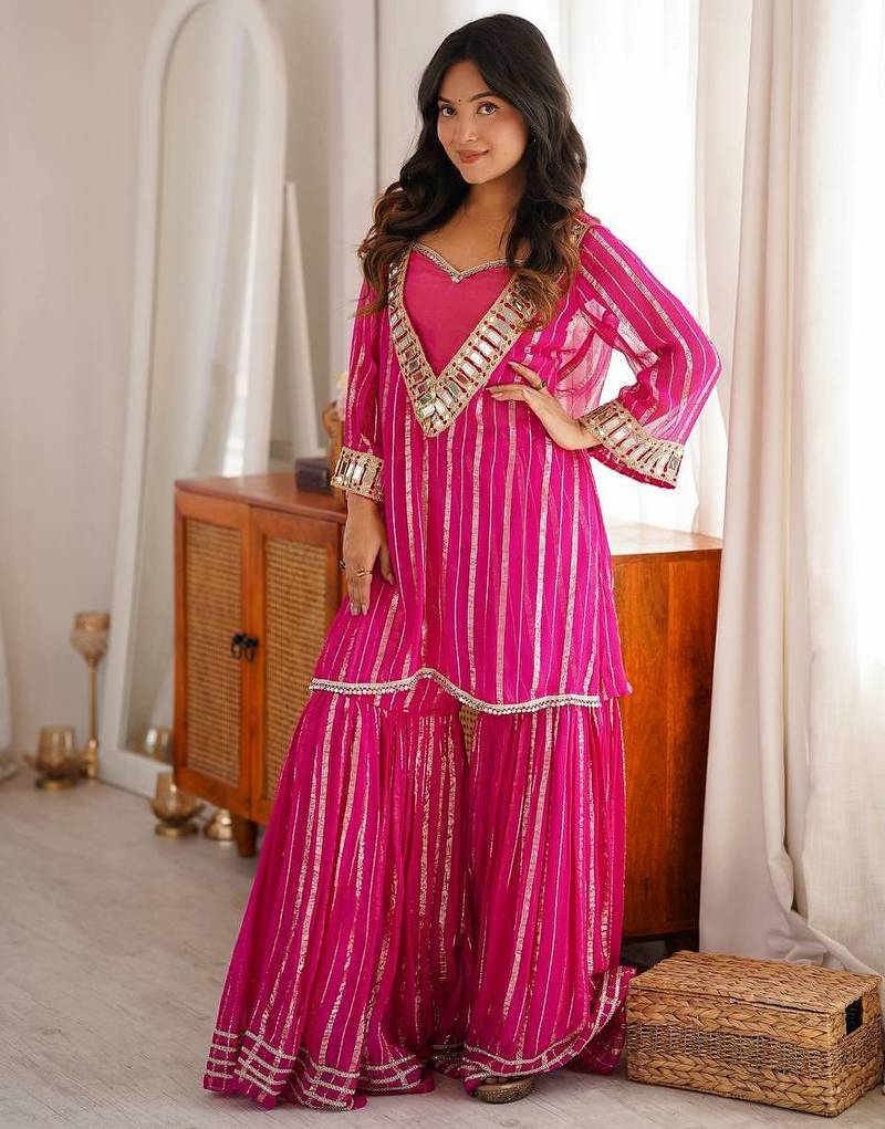 Pink gold zari mirror work top & sharara set