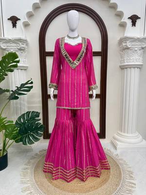 Pink gold zari mirror work top & sharara set 3