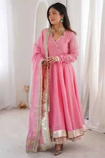 Designer tabby organza silk mirror work anarkali set
