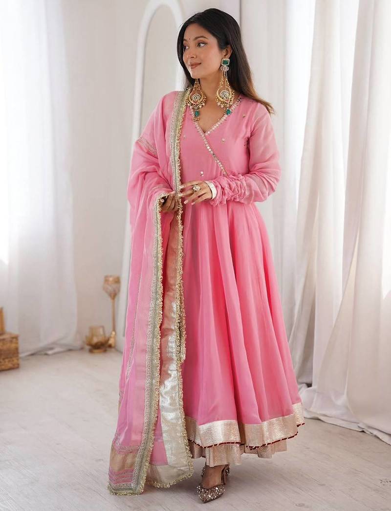 Designer tabby organza silk mirror work anarkali set