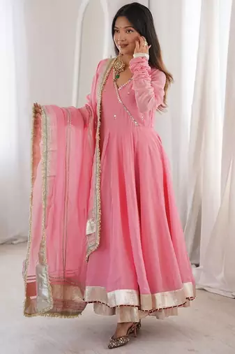 Designer tabby organza silk mirror work anarkali set