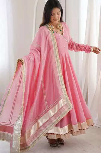 Designer tabby organza silk mirror work anarkali set