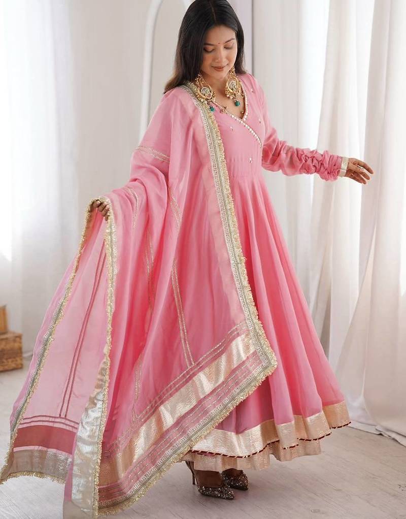 Designer tabby organza silk mirror work anarkali set