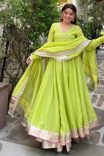 Designer tabby organza silk mirror work anarkali set