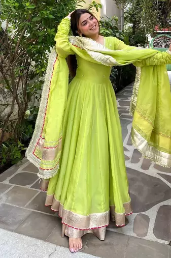Designer tabby organza silk mirror work anarkali set
