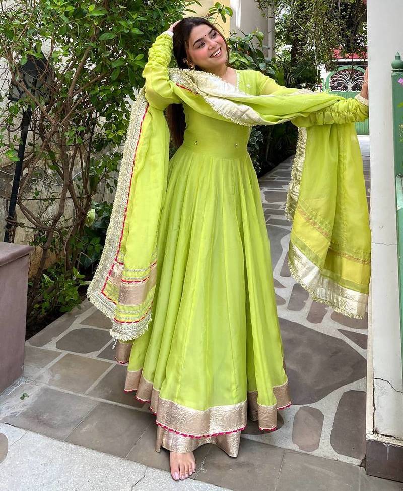 Designer tabby organza silk mirror work anarkali set