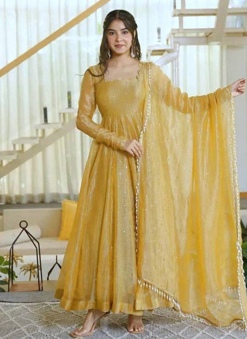 Designer salsa silk foil work gown set