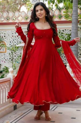 Red faux georgette 7 meter flair hand work anarkali set